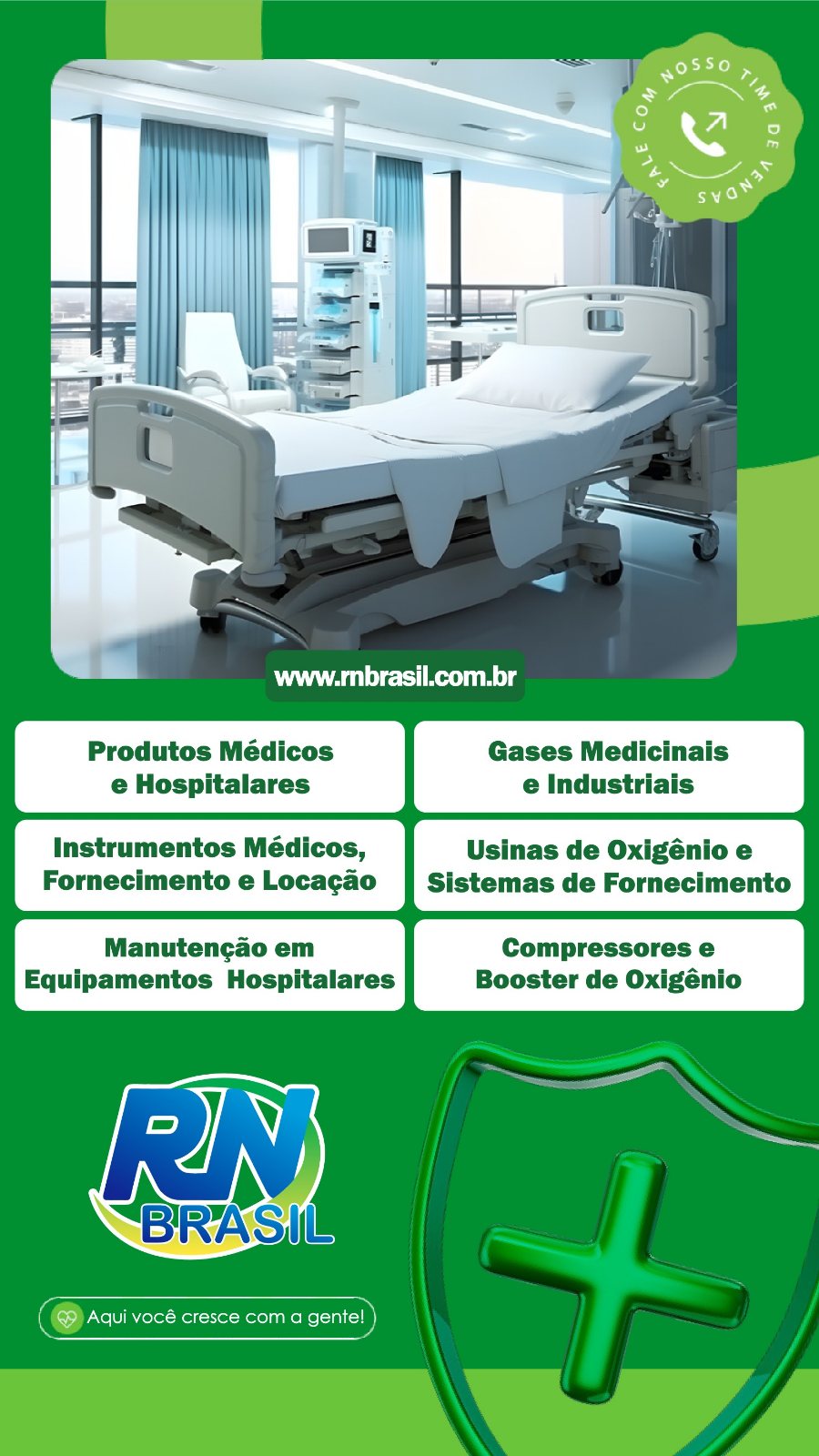 Produtos médicos e hospitalares, gases medicinais, usinas de oxigênio, instrumentos e manutenção